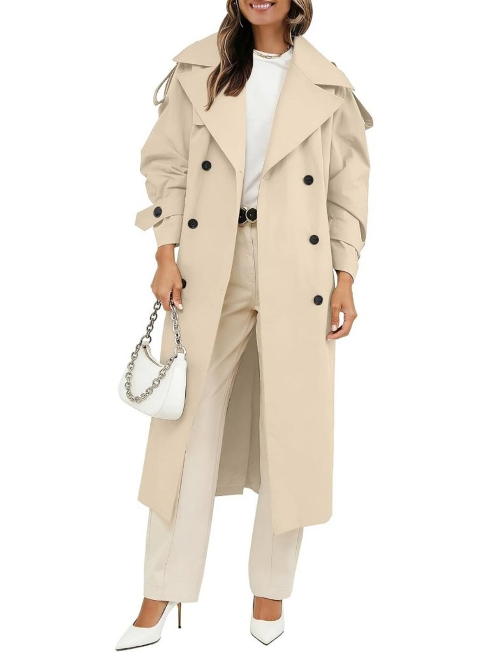 Chic Women's Oversized Double Breasted Long Trench Coat with Belt - Stylish